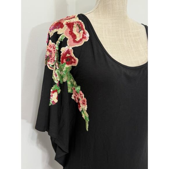 NEW Cache Dress One Shoulder Sequin Flower Embellished Black Sleeveless MEDIUM - Picture 2 of 3